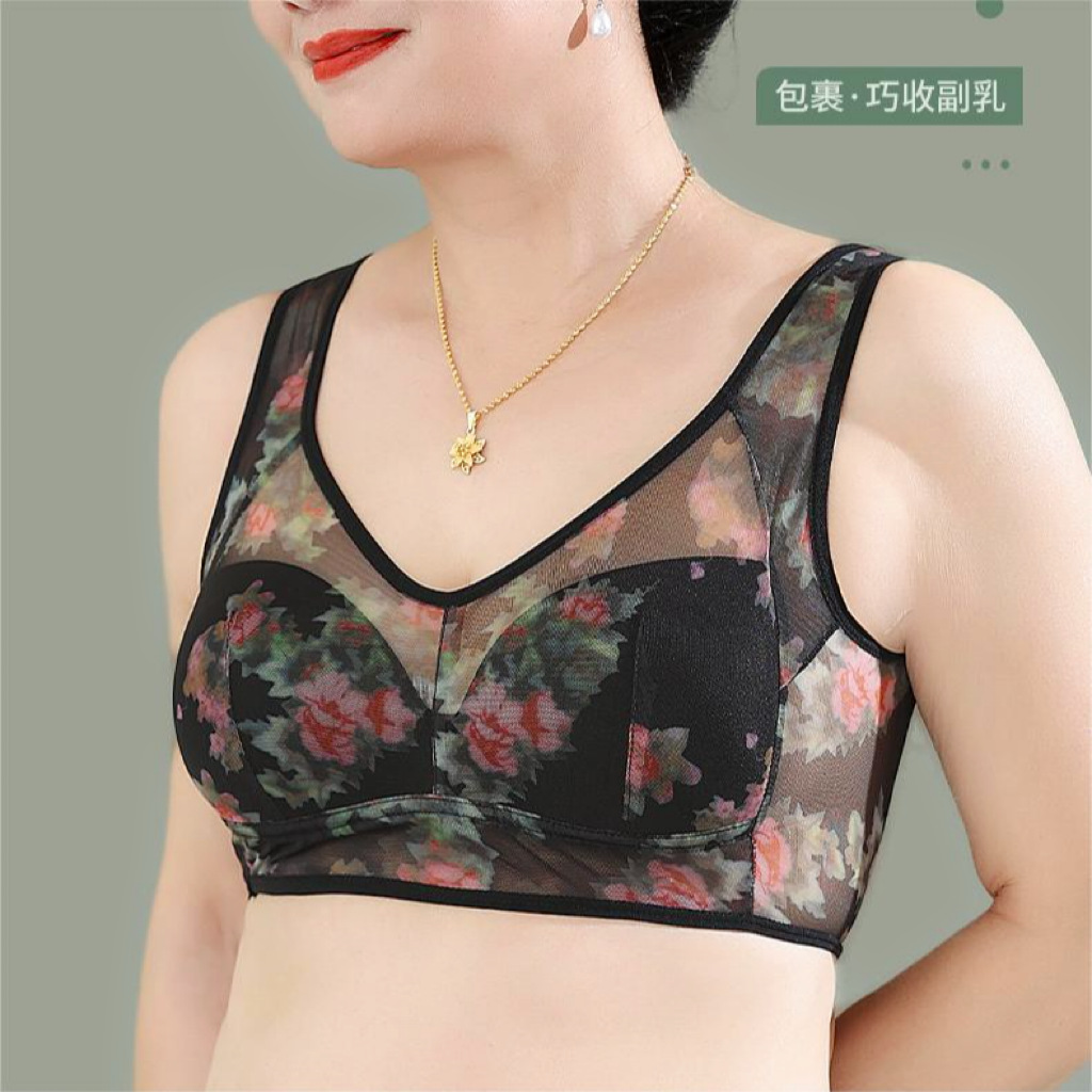 无痕大码网纱印花内衣女士无钢圈聚拢上托侧收副乳薄款背心式文胸 - 图1