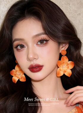 海边度假风布艺橘色花朵耳环女2026新款夸张超仙漂亮耳坠独特耳饰