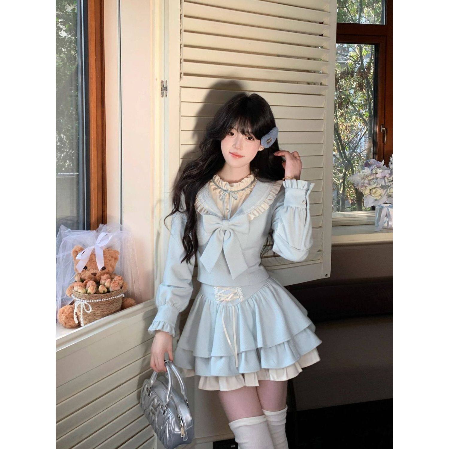 甜美奶蓝色加厚少女毛呢套装木耳花边收腰上衣＋蛋糕半裙,淘宝优惠券,粉丝福利购,淘宝优惠卷