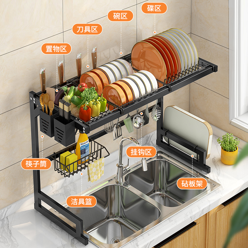 不锈钢厨房水槽置物架碗架多功能碗碟收纳洗菜池沥水架碗盘洗碗架-图3