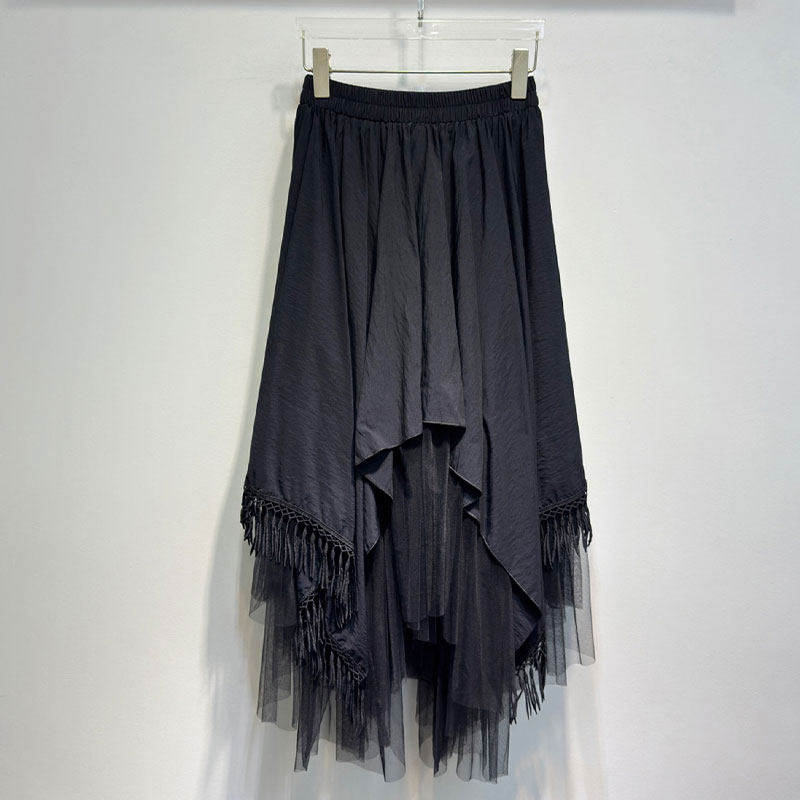 MBS.欧洲站新款高腰褶皱宽松大摆伞裙不规则网纱流苏百搭半身裙女,淘宝优惠券,粉丝福利购,淘宝优惠卷