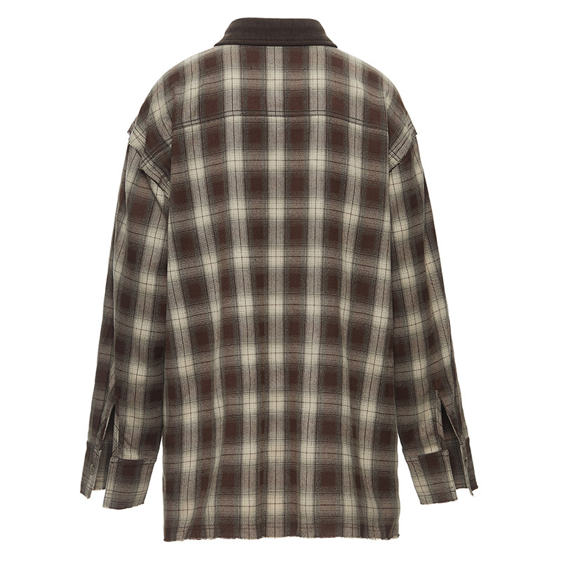 Howwell 复古棕色格子水洗毛边做旧格纹衬衫慵懒休闲宽松长袖衬衣,淘宝优惠券,粉丝福利购,淘宝优惠卷