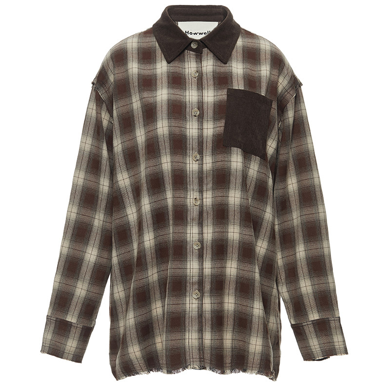 Howwell 复古棕色格子水洗毛边做旧格纹衬衫慵懒休闲宽松长袖衬衣,淘宝优惠券,粉丝福利购,淘宝优惠卷