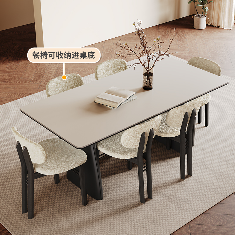 侘寂风实木餐桌长方形小户型家用现代简约轻奢设计师白色岩板餐桌 - 图2