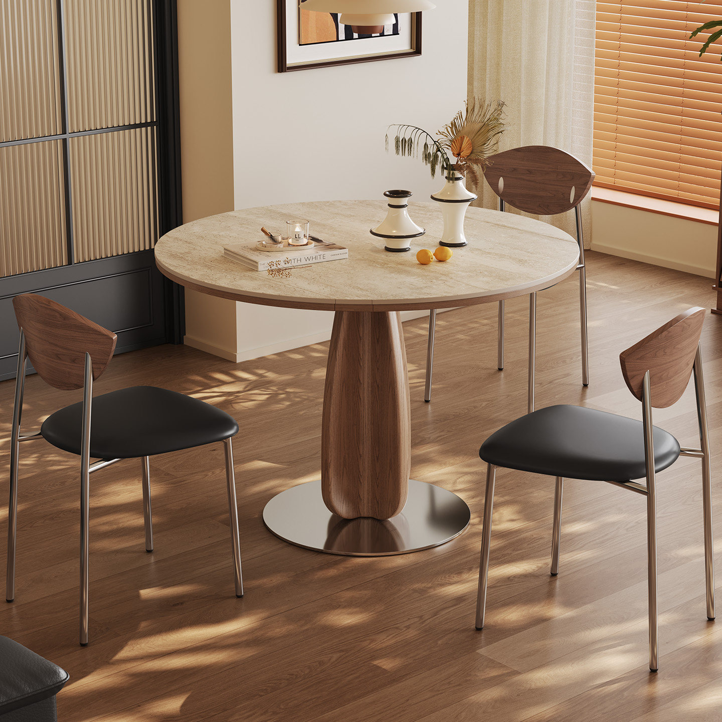 弦音实木岩板餐桌家用小户型饭桌法式奶油风轻奢洽谈圆形伸缩餐桌,淘宝优惠券,粉丝福利购,淘宝优惠卷