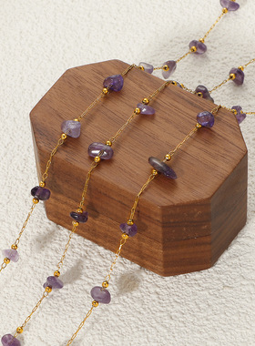 不规则碎石紫色项链手链钛钢不掉色小清新锁骨链小众高级首饰套装