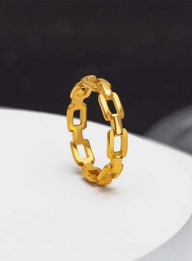 2022年新款欧美跨境简约高级感设计链条戒指镀18k金镂空钛钢戒指