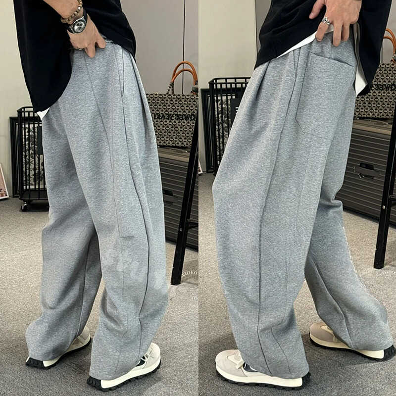 春秋安可拉红潮流明线弯刀裤男士高档宽松垂感哈伦直筒休闲阔腿裤 - 图1