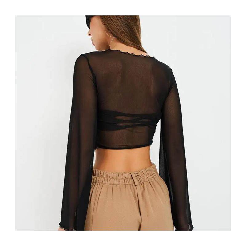 亚马逊新款热销女装网纱长袖打底内搭上衣 短款露脐网眼透视T恤女