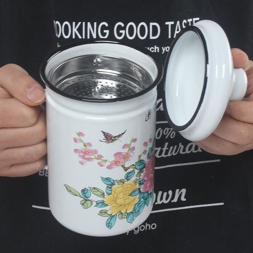 加厚搪瓷带盖304茶漏复古大容量茶水杯办公室马克杯电磁炉可加热 - 图0