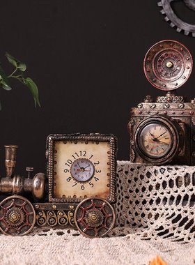 复古时钟工艺品照相机装饰品闹钟相机火车头树脂摆件仿真机械美式