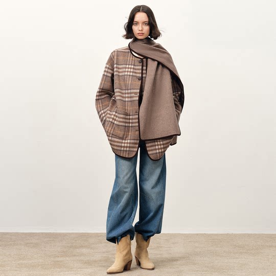 叶童同款Fabrique泰晤士双生格纹大衣短款羊毛羊绒毛呢外套斗篷女