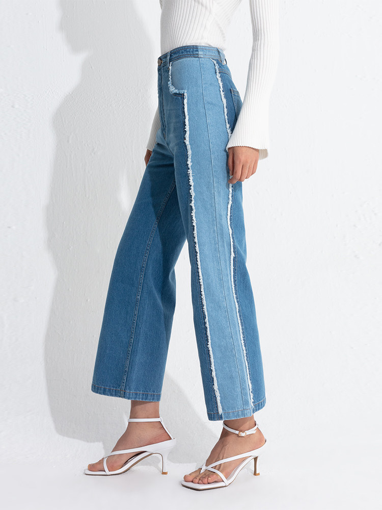 蓝色拼色口袋九分牛仔裤Colour Matching Straight Cut Jean
