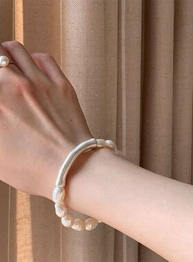 法国CapinKofin新款巴洛克仿珍珠银色弯管弹力手链设计小众设计