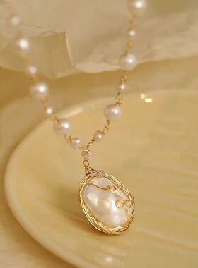 法国CapinKofin简约18K金色缠丝大仿珍珠流苏项链小众设计高级