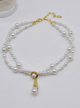 法国CapinKofin欧美复古choker水滴吊坠珍珠项链金箔片微镶个性