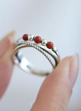 法国CapinKofin复古仿楠红码瑙戒指精致新中式交叉设计指环女