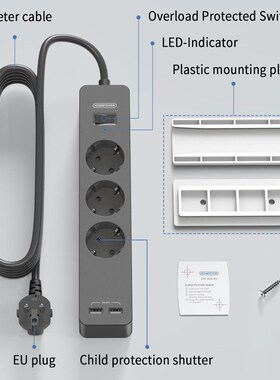 NTONPOWER USB Power Strip with 3M Extension Cord Wall Mount