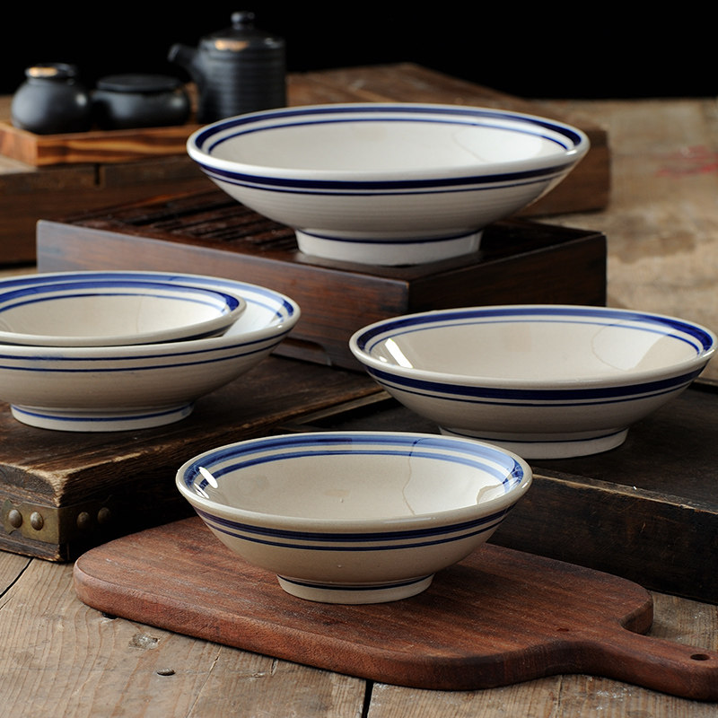 仿古复古风大碗老式面碗陶瓷粗陶蓝线斗笠6寸9酒碗商用菜饭碗中式,淘宝优惠券,粉丝福利购,淘宝优惠卷