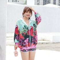 Parrot printed large size Fat Girl Swimsuit Womens Laced Long Sleeve Mesh Yarn Jacket Two-piece Conservative Flat Angle Shade slim