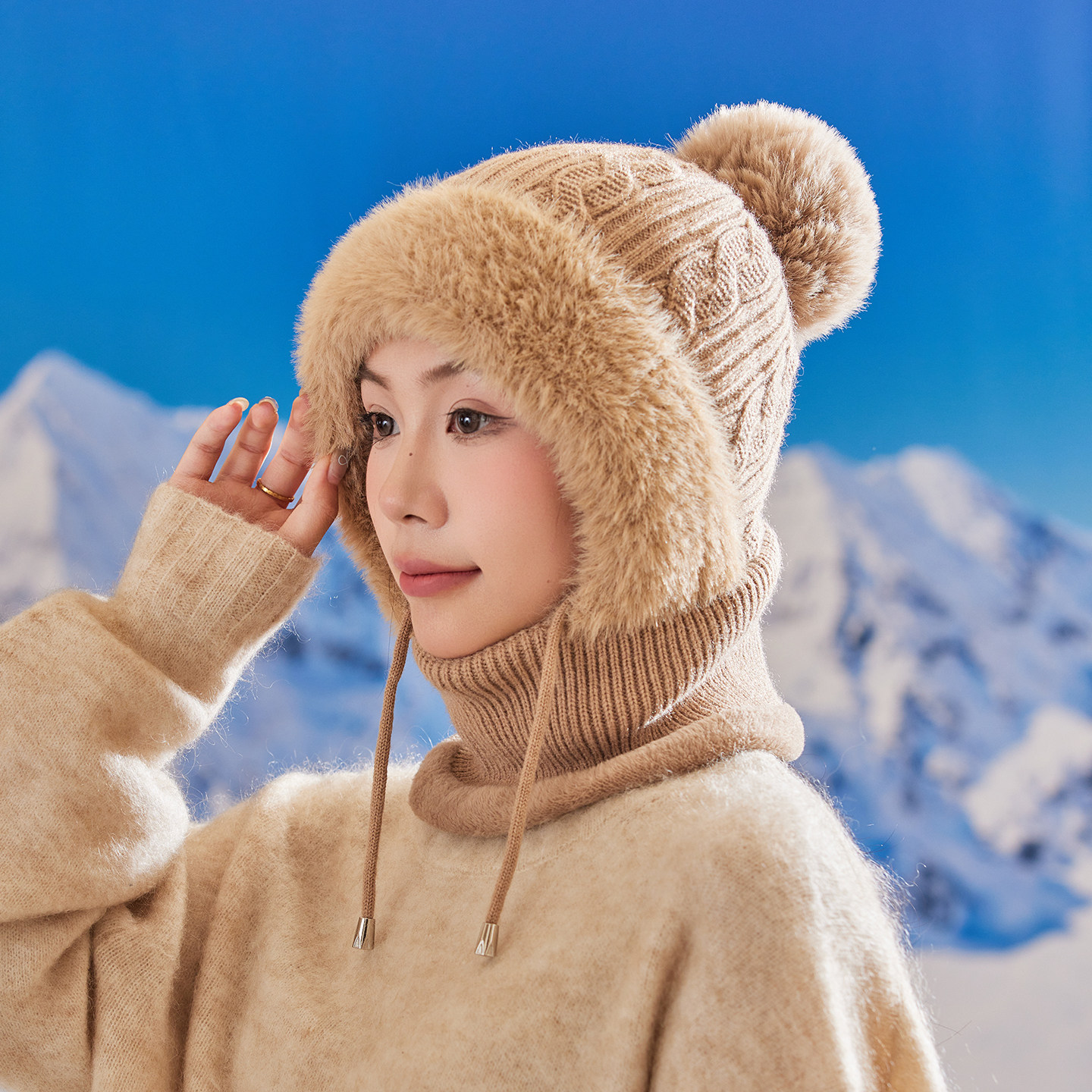 冬季加绒毛线帽子围脖一体帽女加厚保暖护耳女防风针织连体套头帽,淘宝优惠券,粉丝福利购,淘宝优惠卷