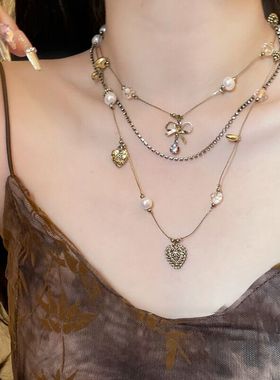 中古百搭三层蝴蝶结珍珠爱心项链