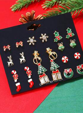 12 Pairs of Earrings Christmas Theme Set Santa Claus Bell Sn