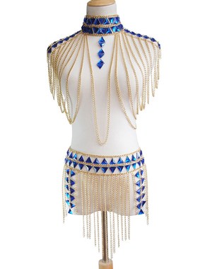 欧美跨境新款配饰 性感沙滩蓝色水晶双肩身体链套装 多层流苏腰链