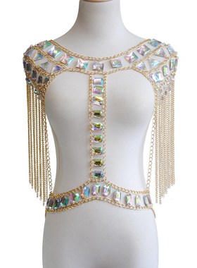 2018夏季新款焕彩宝石链条拼接T恤夜店演出服