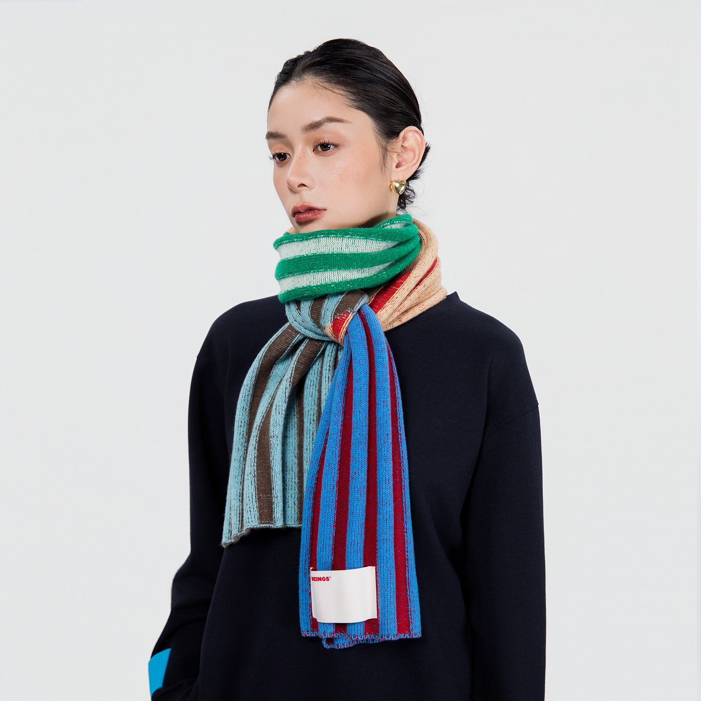 ALL BEINGS 2025AW秋冬围巾彩色拼接条纹柔软保暖羊毛针织围脖女 - 图1