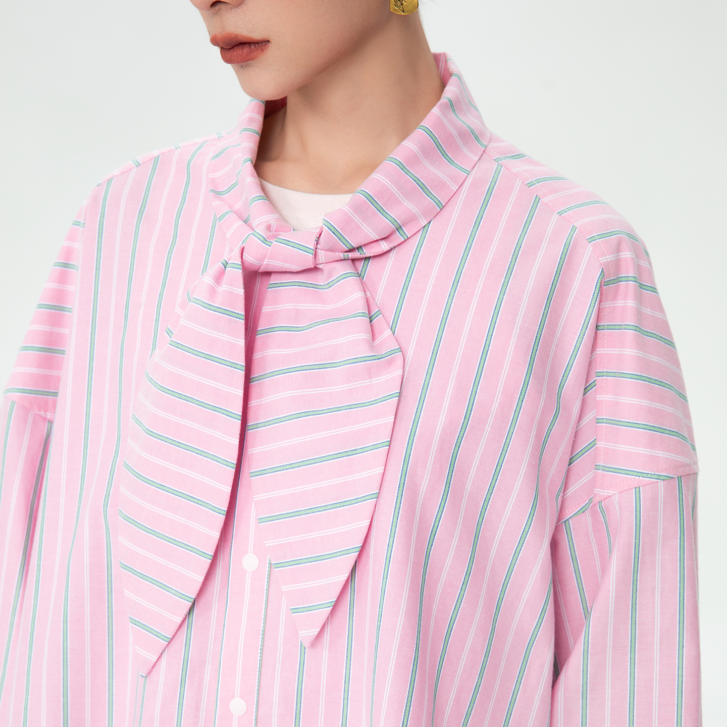 ALL BEINGS25AW秋季粉绿条纹领巾廓形抗皱长袖衬衫上衣女新款 - 图1