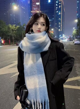 厂家围巾女冬季感加厚马海毛保暖格子围巾韩版百搭围脖潮