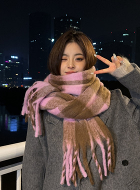 新款美拉德仿羊绒格子围巾女冬天爆款百搭韩系感加厚保暖围脖