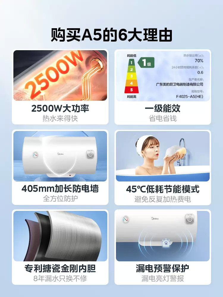 美的电热水器一级省电家用储水式速热洗澡卫生间40升50升60升A5