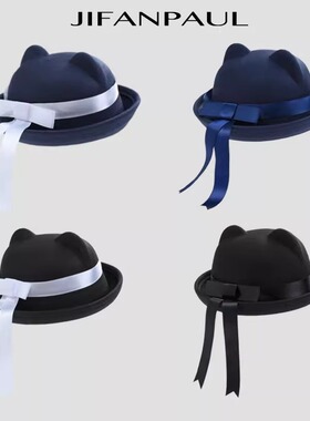 JK制服帽猫耳朵毛呢学院风蝴蝶结飘带小圆顶学院风休闲百搭帽子