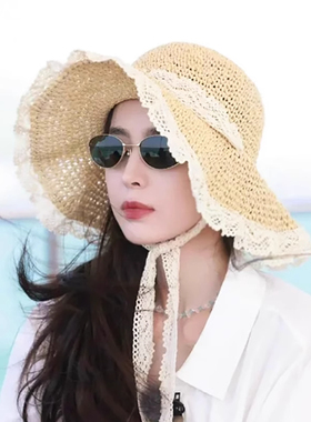 娜扎同款法式蕾丝绑带草帽子女款2025新款海边出游大帽檐遮阳帽夏