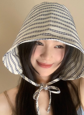 条纹大帽檐环绕式渔夫帽子女夏季防紫外线时尚遮阳百搭薄款防晒帽