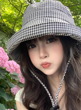 夏季渔夫帽女2025新款大檐防晒千鸟格太阳帽户外防紫外线遮阳帽子