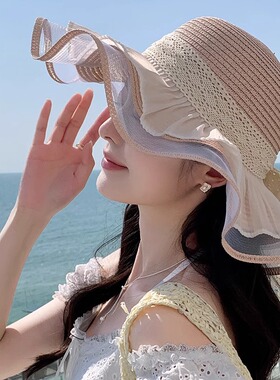 波浪边花朵编织草帽女夏季法式海边度假太阳帽大帽檐遮阳防晒帽子