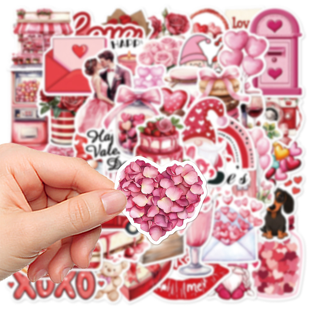 50张粉色卡通复古情人节涂鸦贴纸头盔手账本手机装饰防水diy贴画