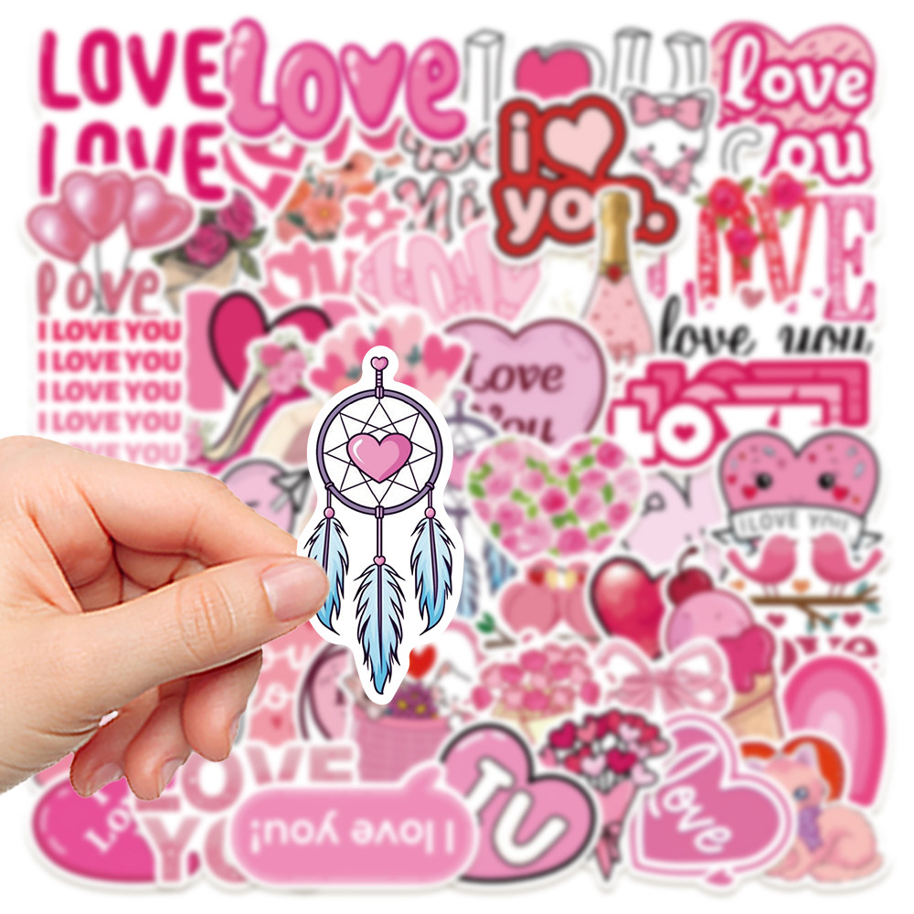50张卡通可爱粉色情人节英文贴纸装饰水杯手机壳ipad防水diy贴画