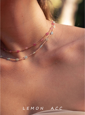 小八et同款极细桃粉花朵串珠项链