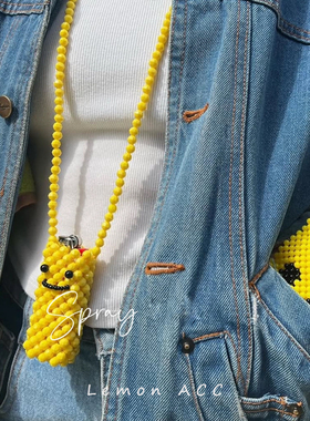 手工制作彩色可爱樱桃笑脸熊猫口红包打火机串珠斜挎项链包