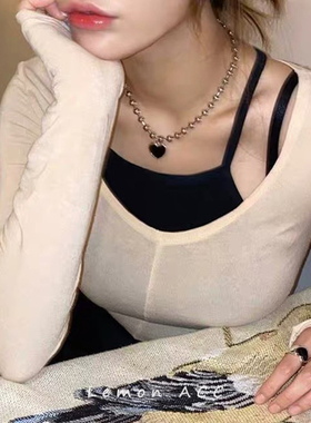 韩国新款黑色爱心圆珠项链