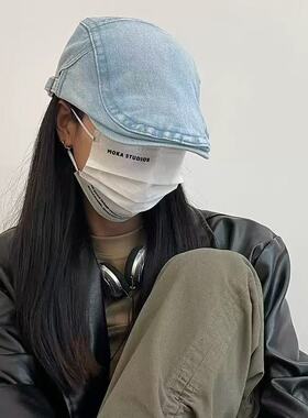 IOTS 复古水洗牛仔前进帽男女夏季平顶贝雷帽显脸小反戴鸭舌帽