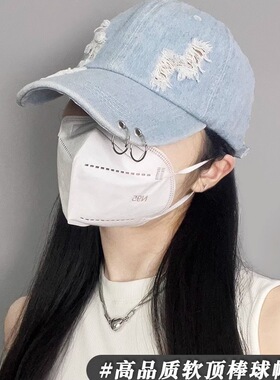 IOTS 牛仔破洞棒球帽男女潮牌金属环大头围防晒鸭舌帽春季
