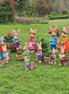 花园庭院卡通兔子花盆雕塑园林别墅露台幼儿园玻璃钢景观小品摆件