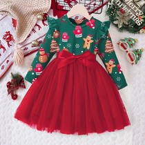 Christmas Money Foreign Trade Children Clothes Girl Gingerbread Man Girl Girl Tennis Fluffy Dress Christmas Splicing Dress Christmas