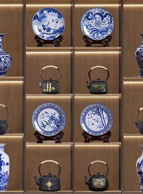 新中式茶室酒店博古架高档复古装饰品青花陶瓷器花瓶插花摆件套装