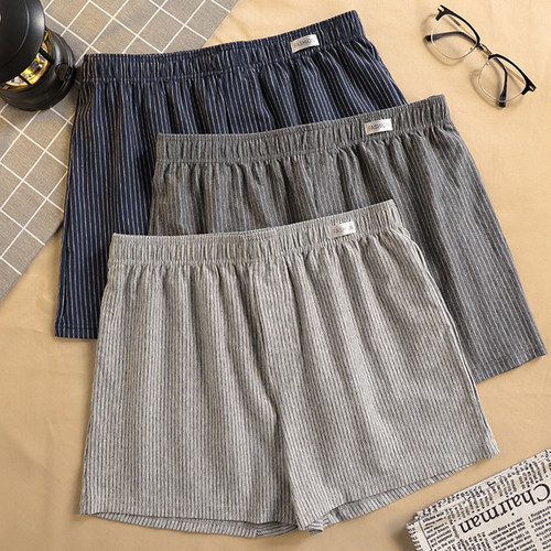 男士内裤阿罗裤宽松版透气纯棉四角裤衩居家睡裤男款大码条纹平角 - 图1